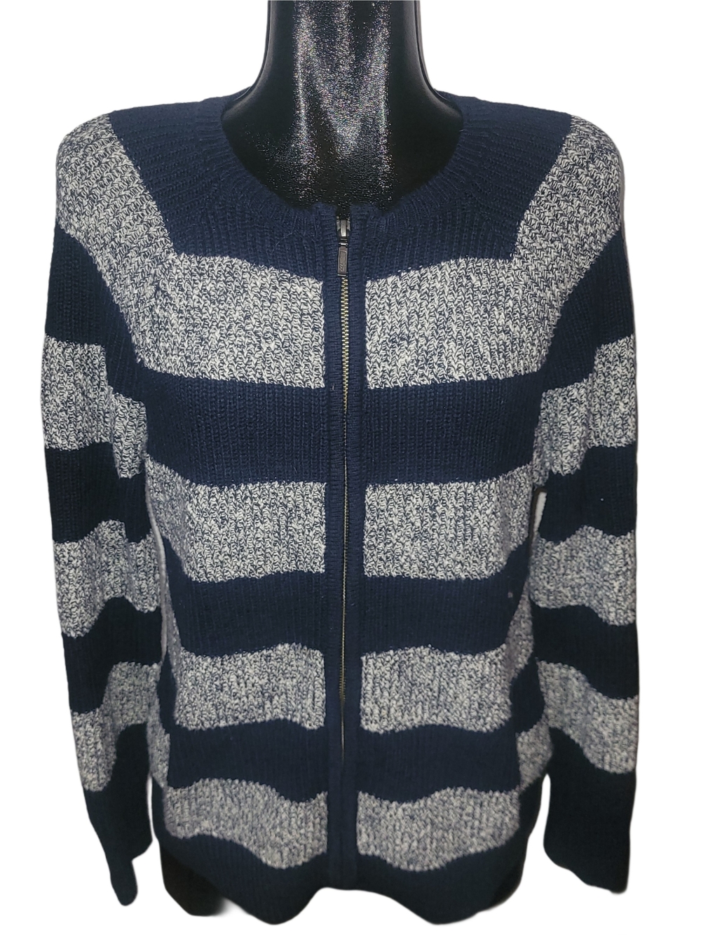 L.L.Bean Navy And White Striped Knit Zip-Up Cardigan Sweater Size L